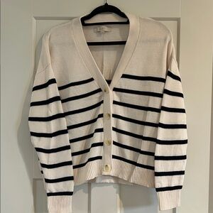LOFT Women's Cream and Black Striped Cardigan